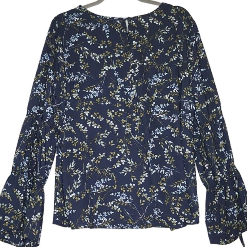 Loft Womans Loose Fit Blouse Size Large Navy Blue Floral Bell Sleeve with Ties